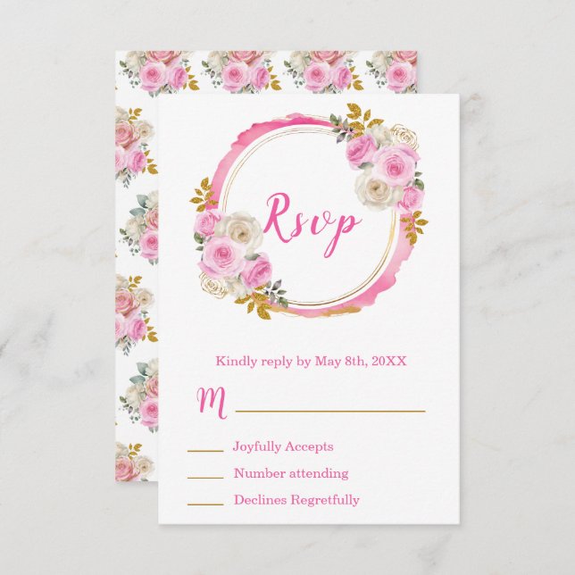 Bright Pink and Gold Elegant Flowers Sweet Sixteen RSVP Card (Front/Back)