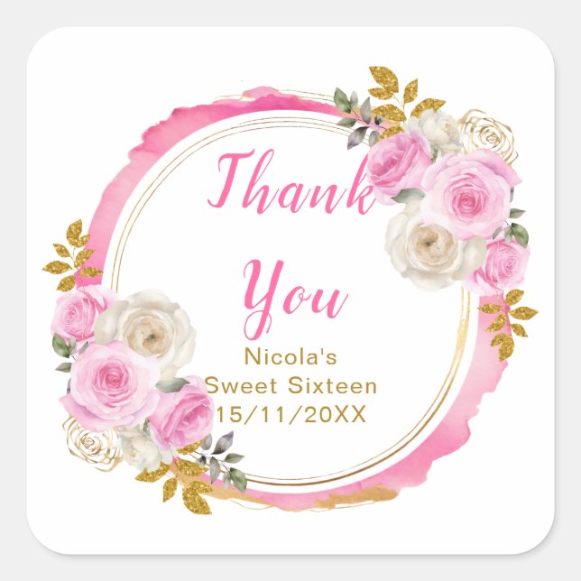 Bright Pink and Gold Elegant Flowers Sweet Sixteen Square Sticker (Front)