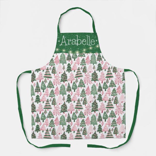 Bright Pink and Green Christmas Trees Apron (Front)