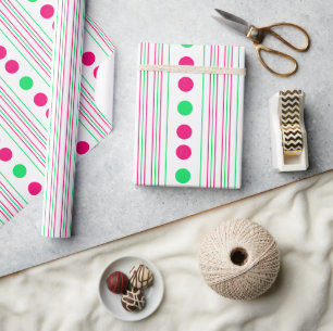 Bright Pink and Green Polka Dots and Stripes Wrapping Paper