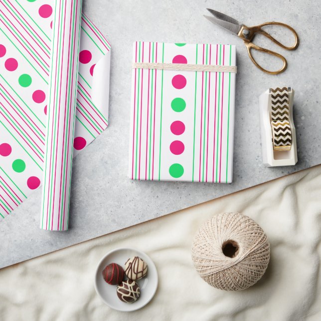 Bright Pink and Green Polka Dots and Stripes Wrapping Paper (Crafts)