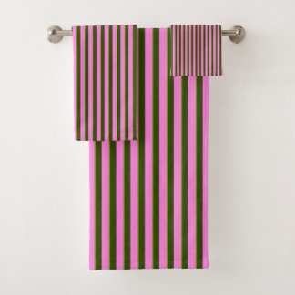 Bright Pink and Green Retro Stripe Modern Bath Towel Set