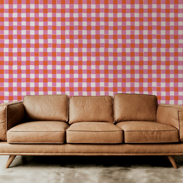 Bright Pink and Orange Red Chequered Plaid Wallpaper (Bright pink and orange red hand-drawn checkered plaid peel and stick wallpaper.)