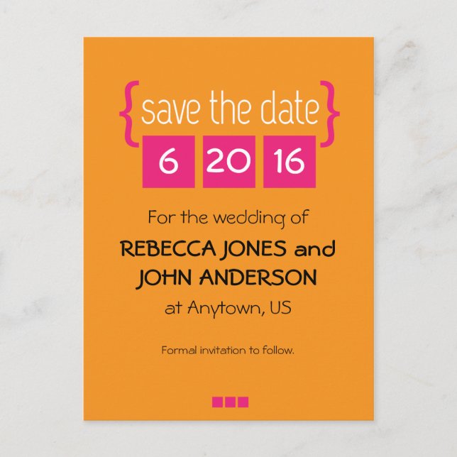 Bright pink and orange Save the Date postcard (Front)