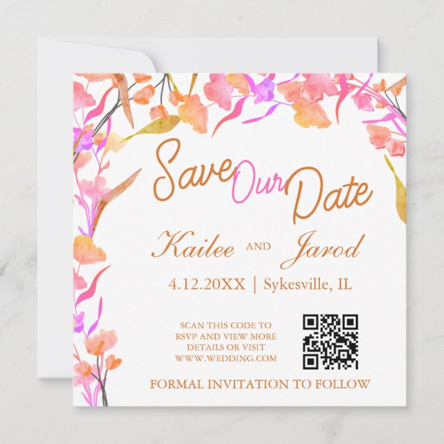 Bright Pink and Orange Wildflower QR Code Save The Date (Front)
