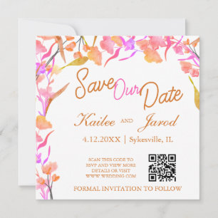 Bright Pink and Orange Wildflower QR Code Save The Date