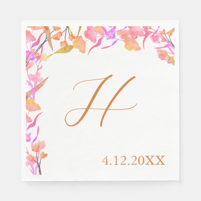 Bright Pink and Orange Wildflower Wedding Monogram Napkin (Front)