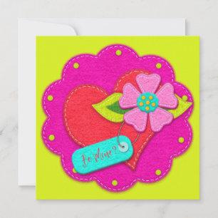 Bright Pink and Peridot Felt Style Heart Flower  Invitation