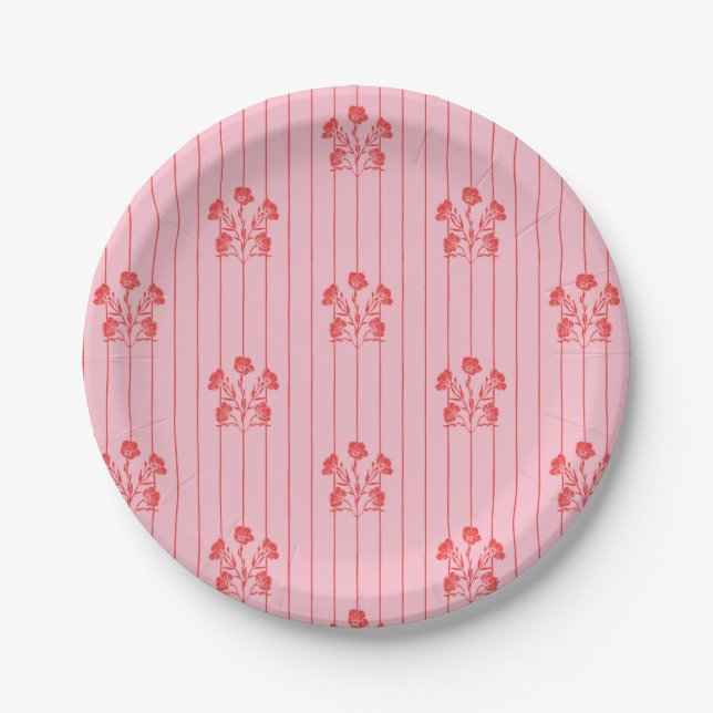 Bright Pink and Red Flower Stripes Paper Plate (Front)