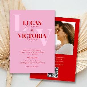 Bright Pink and Red QR Code Photo Wedding Invitation