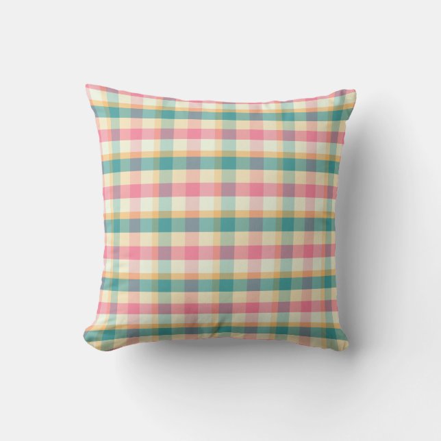 Bright Pink and Teal Plaid Weave Pattern Cushion (Front)