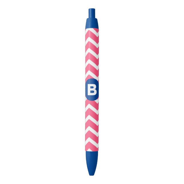 Bright Pink and White Chevron Pattern Monogram Black Ink Pen (Front Vertical)