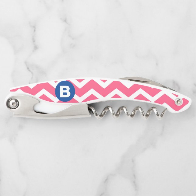 Bright Pink and White Chevron Pattern Monogram Corkscrew (Front)