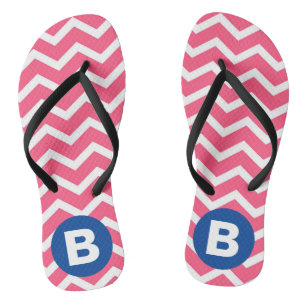 Bright Pink and White Chevron Pattern Monogram Flip Flops