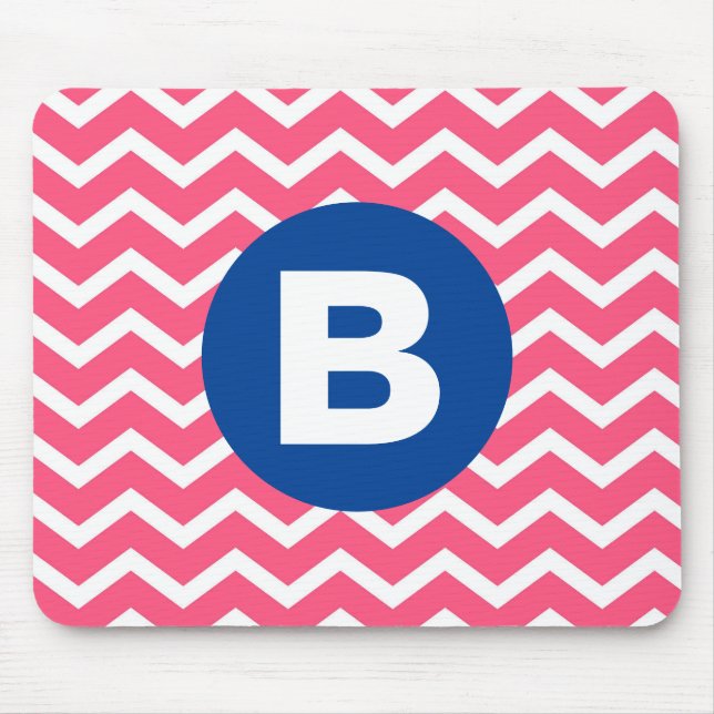 Bright Pink and White Chevron Pattern Monogram Mouse Mat (Front)