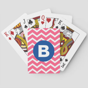Bright Pink and White Chevron Pattern Monogram Playing Cards