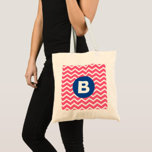 Bright Pink and White Chevron Pattern Monogram Tote Bag