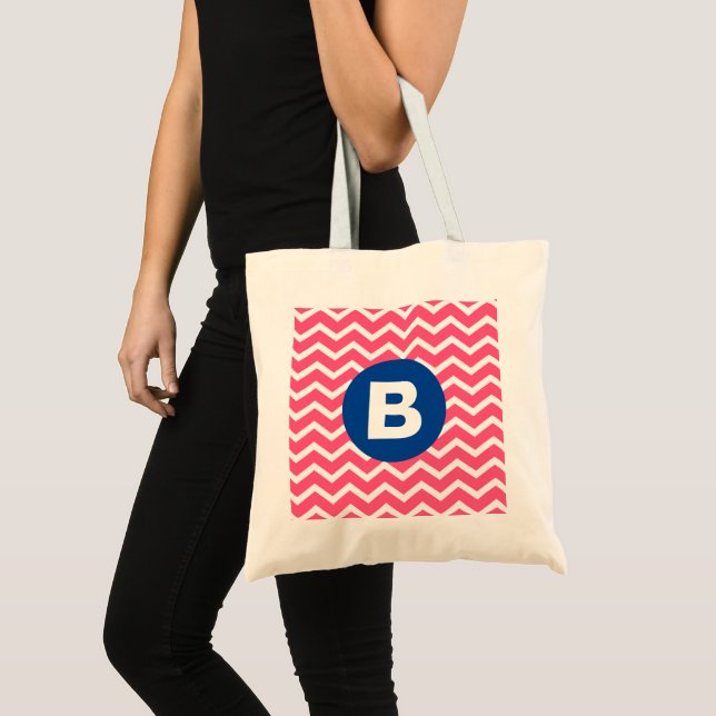 Bright Pink and White Chevron Pattern Monogram Tote Bag (Front (Product))