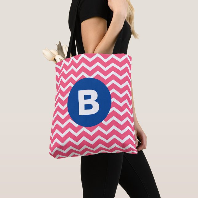 Bright Pink and White Chevron Pattern Monogram Tote Bag (Close Up)