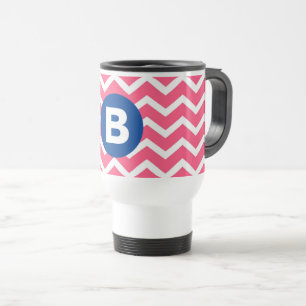 Bright Pink and White Chevron Pattern Monogram Travel Mug