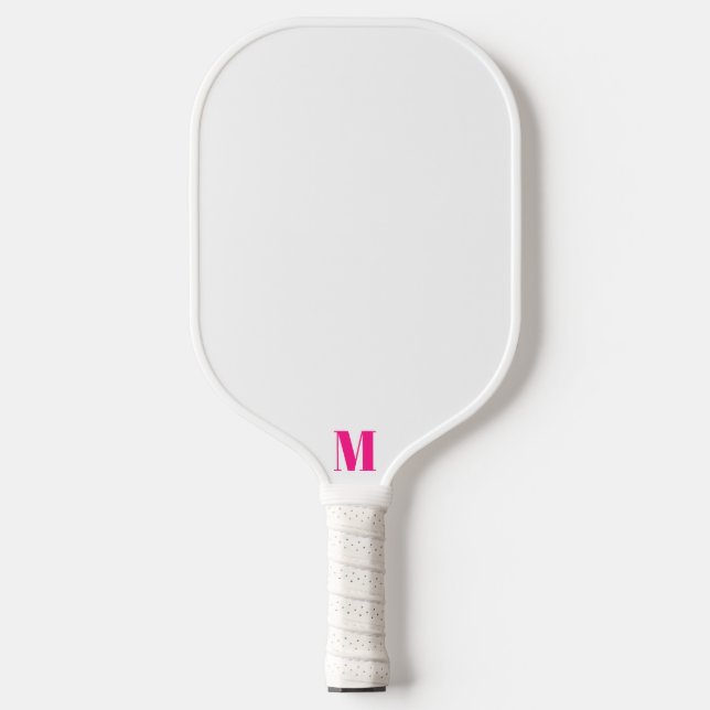 Bright Pink and White Modern Monogram Pickleball Paddle (Front)
