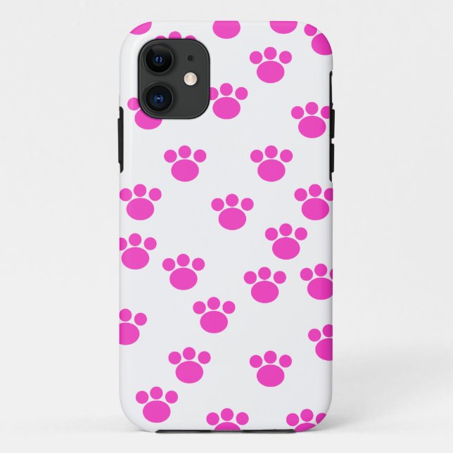 Bright Pink and White Paw Print Pattern. Case-Mate iPhone Case (Back)