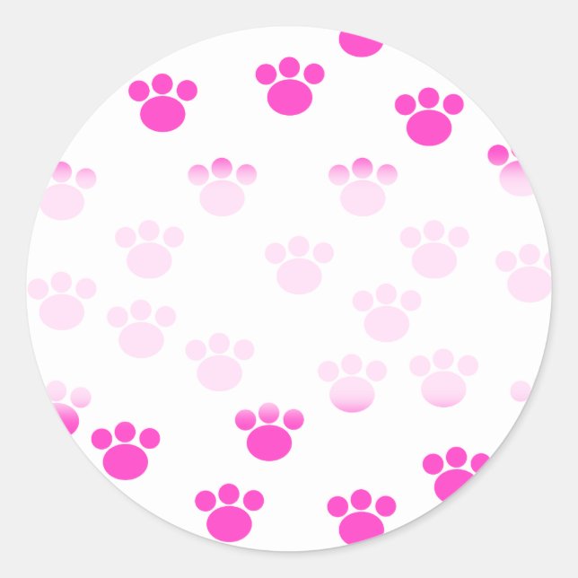Bright Pink and White Paw Print Pattern. Classic Round Sticker (Front)