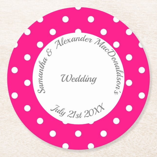 Bright pink and white polkadot wedding round paper coaster (Front)