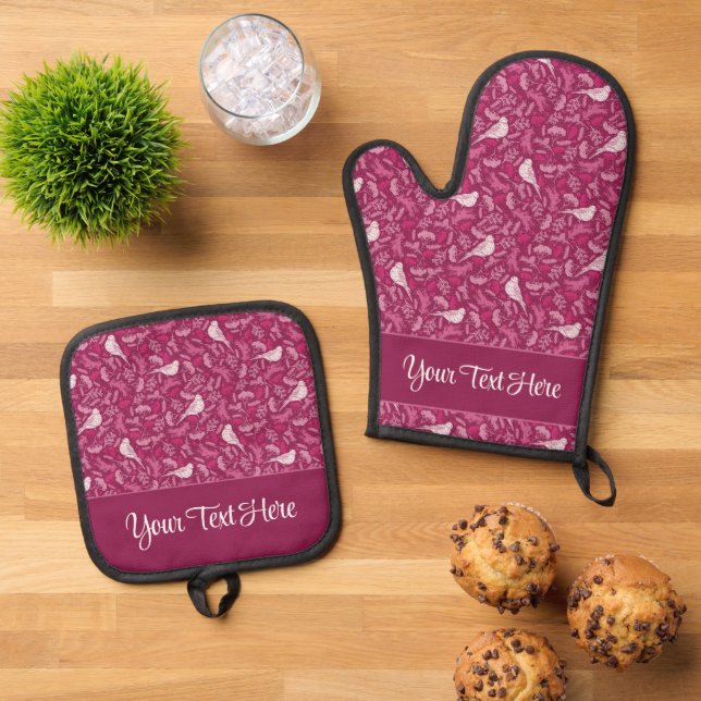 Bright Pink and Winter White Birds Floral Pattern Oven Mitt & Pot Holder Set (Top Down)