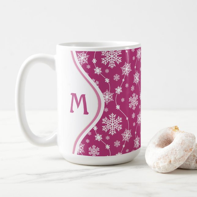 Bright Pink and Winter White Snowflake Pattern Coffee Mug (With Donut)