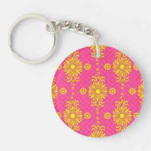 Bright Pink and Yellow Flowers Design Key Ring