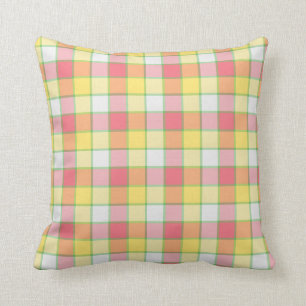 Bright Pink and Yellow Plaid Square Throw Pillow
