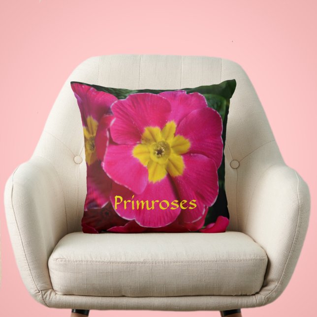 Bright Pink and Yellow Primroses Botanical Floral Cushion (Creator Uploaded)