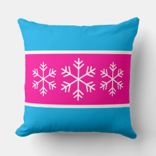 Bright Pink Azure Stripes White Alpine Snowflakes Cushion