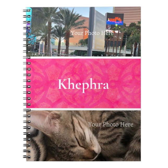 Bright Pink Batik Photo Collage White Border Name Notebook (Front)