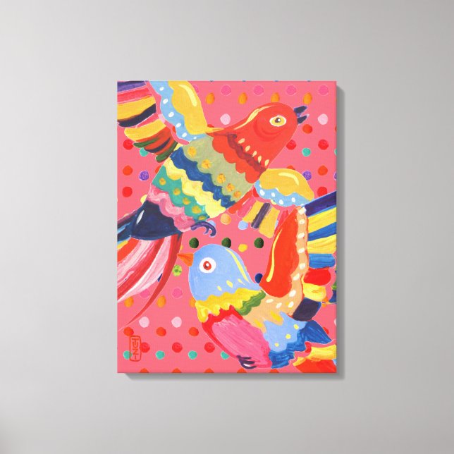 Bright Pink Birds, Dots Colourful Abstract Folk Ar Canvas Print (Front)
