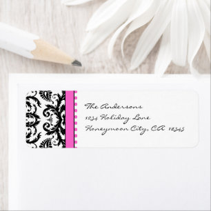 Bright Pink & Black Damask Dots Address Labels