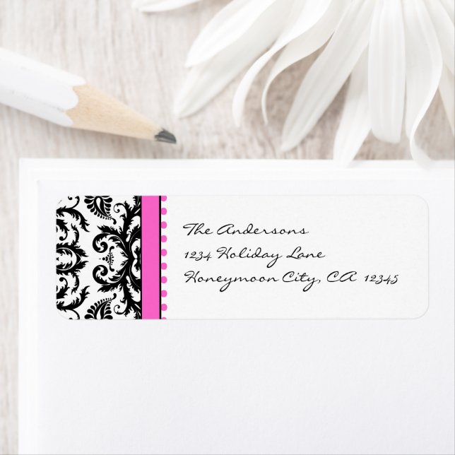 Bright Pink & Black Damask Dots Address Labels (Insitu)