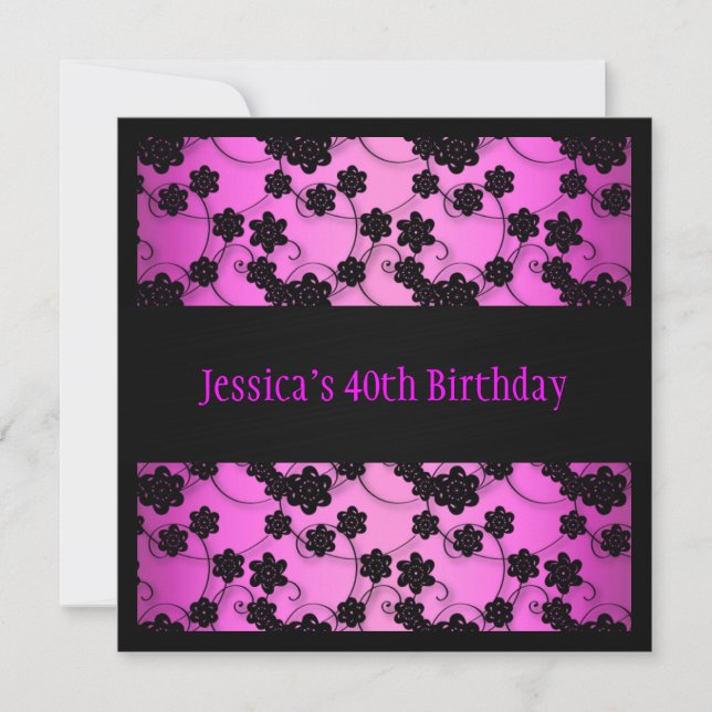 Bright Pink & Black Flowers 40th Birthday Invitation (Front)