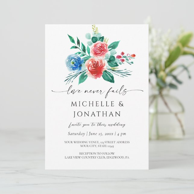Bright Pink Blue Floral Christian Bible Wedding Invitation (Standing Front)