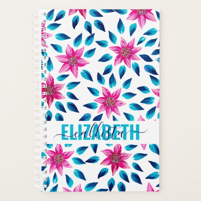 Bright Pink Blue Flowers Leaves Acrylic Monogram Planner (Front)