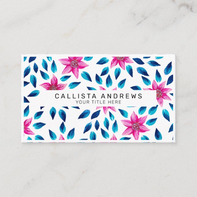 Bright Pink Blue Flowers Leaves Acrylic Paint Business Card (Front)