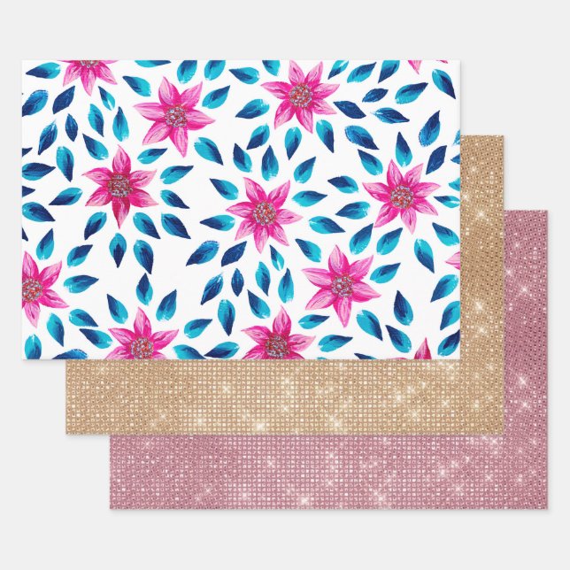 Bright Pink Blue Flowers Leaves Acrylic Paint Wrapping Paper Sheet (Set)
