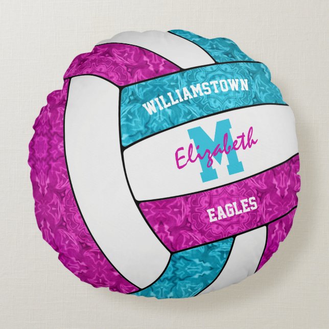 bright pink blue girls volleyball room decor round cushion (Front)