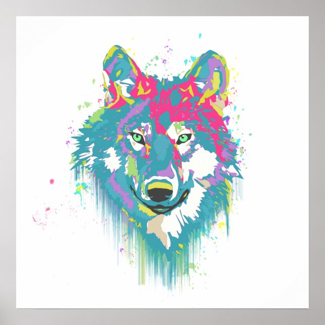 Bright Pink Blue Neon Watercolors Splatters Wolf Poster (Front)