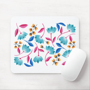 Bright Pink Blue Painted Abstract Floral Mouse Pad