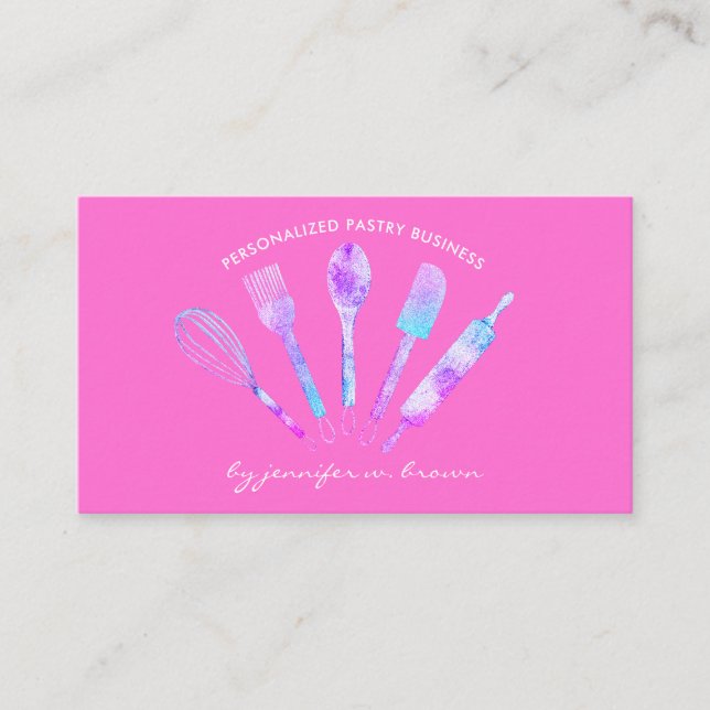 Bright Pink Blue Pastry Chef Home Bakery Business Card (Front)