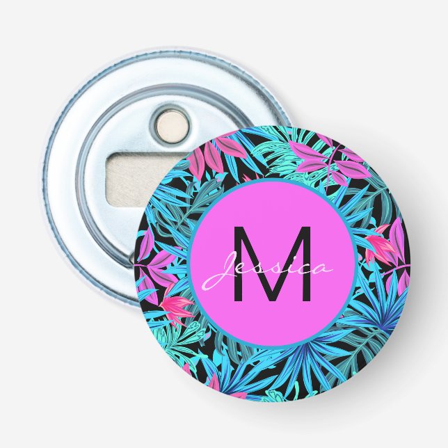 Bright Pink Blue Tropical Floral Personalised Bottle Opener (Front)