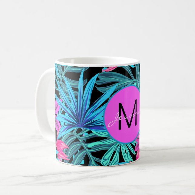 Bright Pink Blue Tropical Floral Personalised Coffee Mug (Front Left)