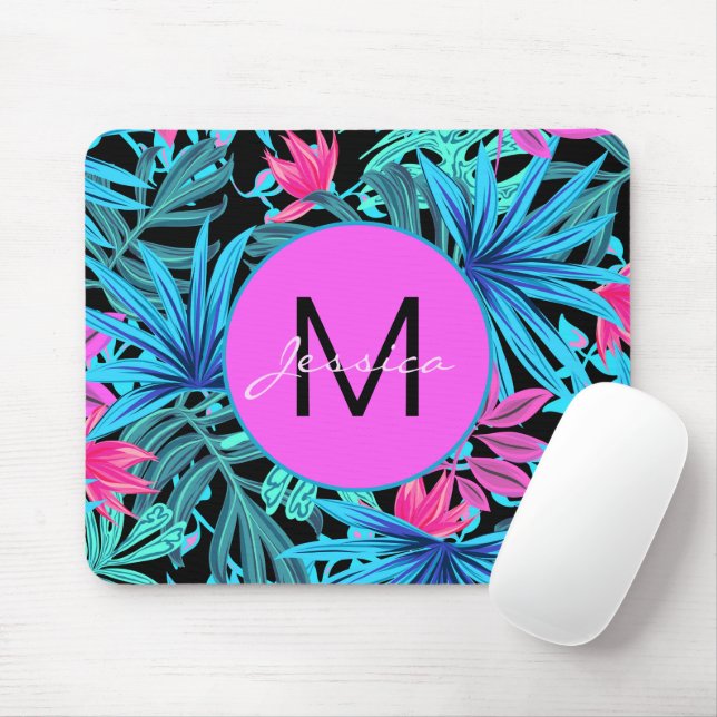 Bright Pink Blue Tropical Floral Personalised Mouse Mat (With Mouse)